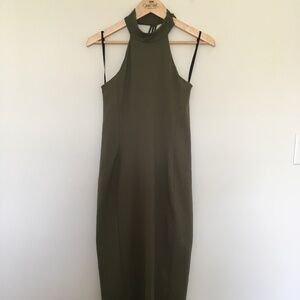 Bebe Halter Mock Neck Cross Strap Open Back Midi Bodycon Dress Sz L Dusty Green
